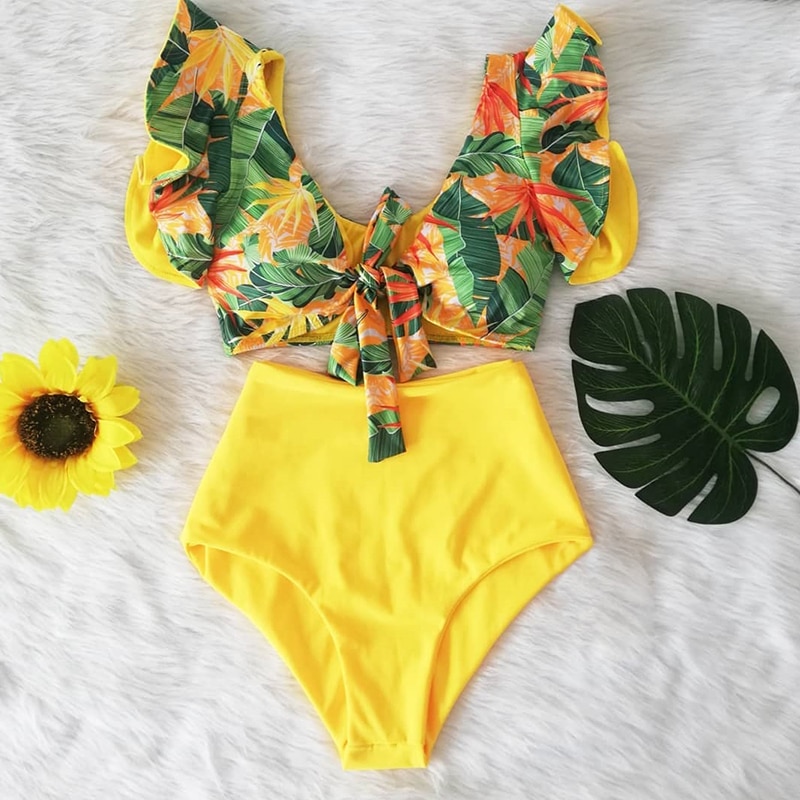 2023 Girl Beach Bathing Suit Swimwear Floral Ruffled Hem Bikini Set