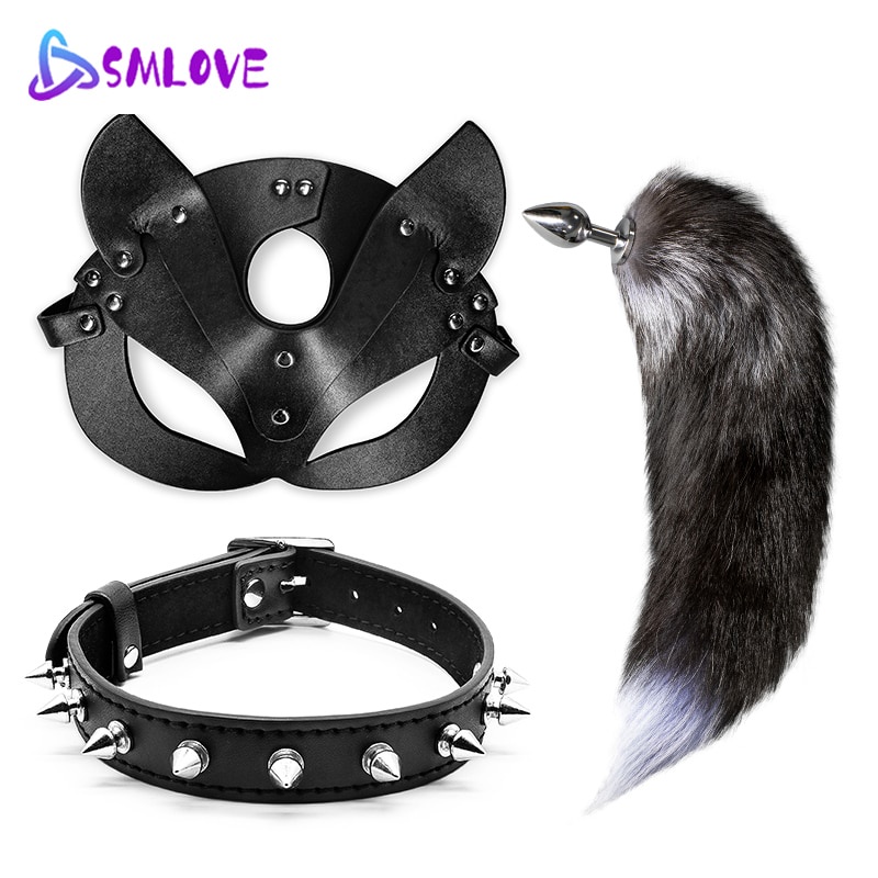 SMLOVE Cosplay Fox Mask Anal Plug Tail Set And Mask Collar Kit Metal Butt Plug Sexy Adult Game