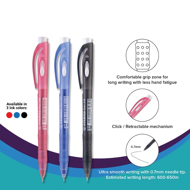 STABILO 348 Liner Ballpoint Pen 0 7 Mm In Black Blue Red Box Of 50