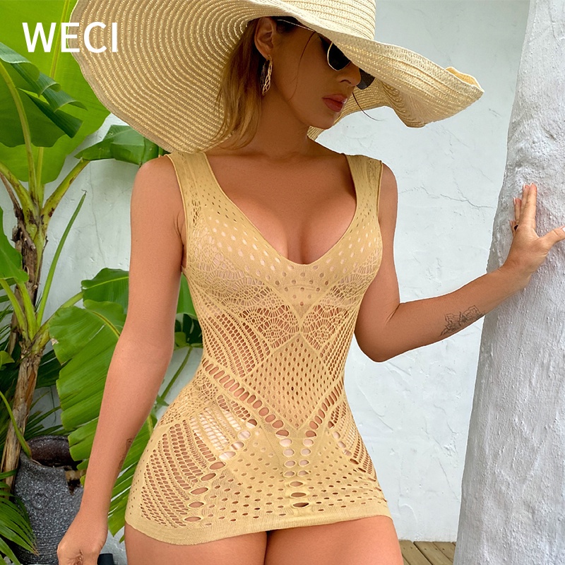 WECI Sensual Lingerie Woman Sexy Nude Black Beach Mesh Mini Dress