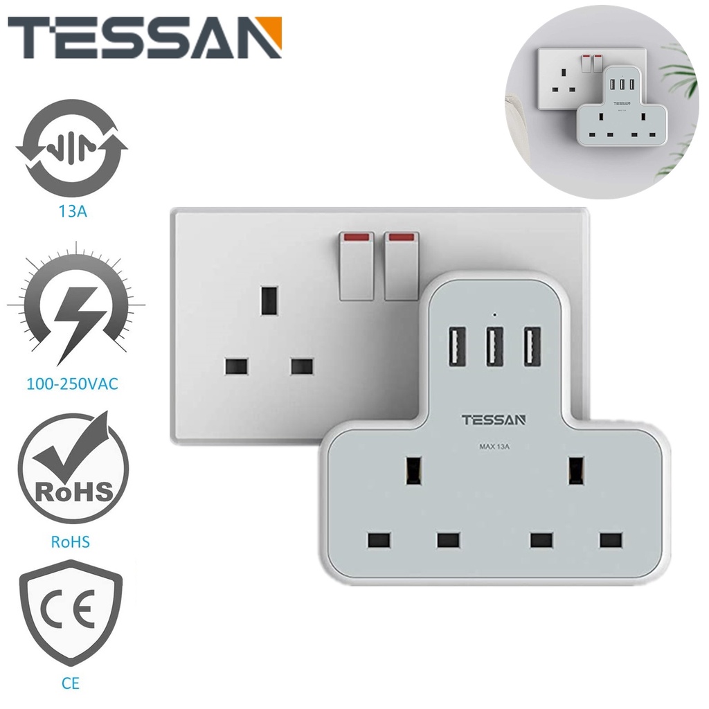 TESSAN Extension Socket Power Socket Double Plug AdapterWith 3 USB