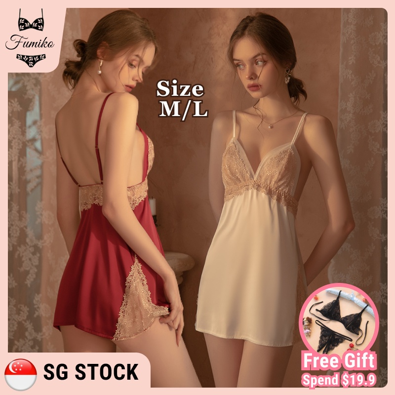 SG Stock Fumiko Elegant Night Dress Satin Sexy Lingerie Lace Women