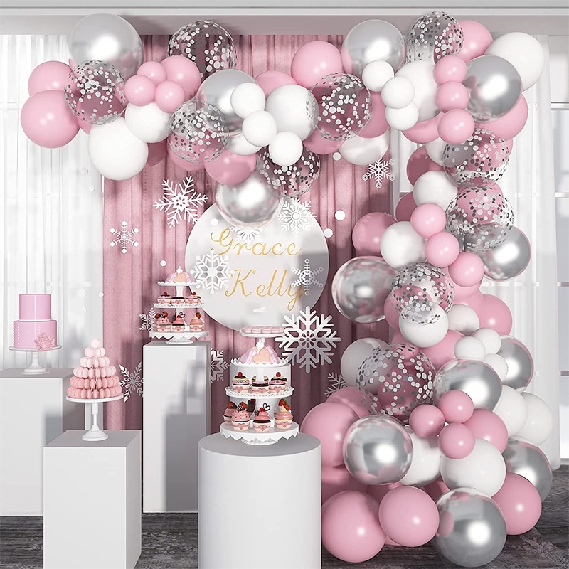 Pink White Silver Balloon Garland Arch Kit For Wedding Anniversary Baby