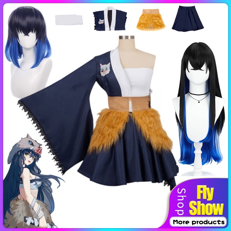 Anime Demon Slayer Hashibira Inosuke Cosplay Costume Dress Long Wig