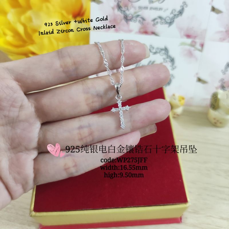 925 Sterling Silver Electric White Gold Diamond Cross Pendant 925