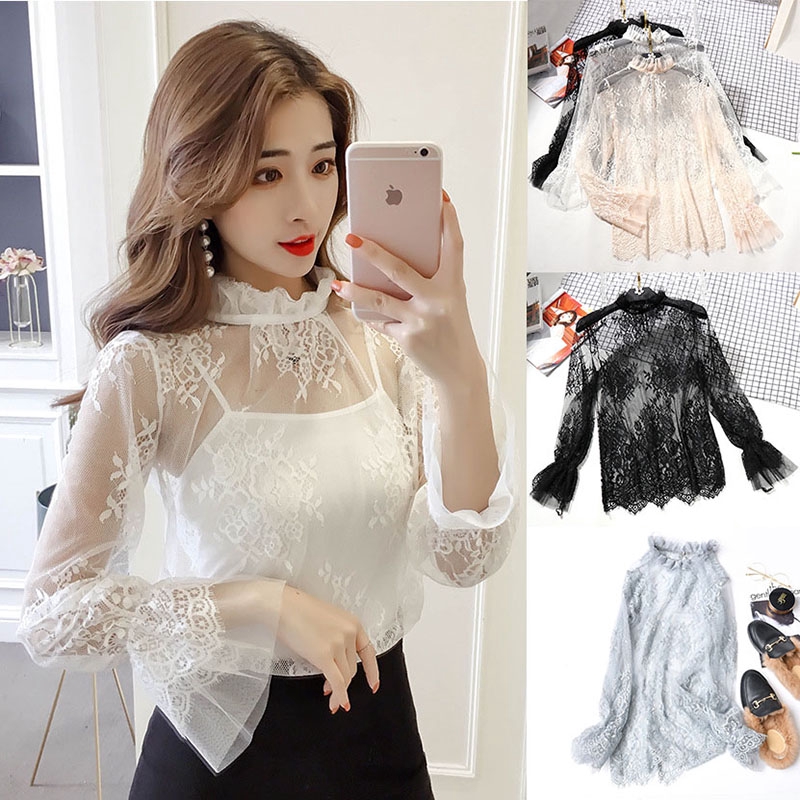 Korean Fashion Hollow Lace Bottoming Shirt Woman Long Sleeve Mesh Top