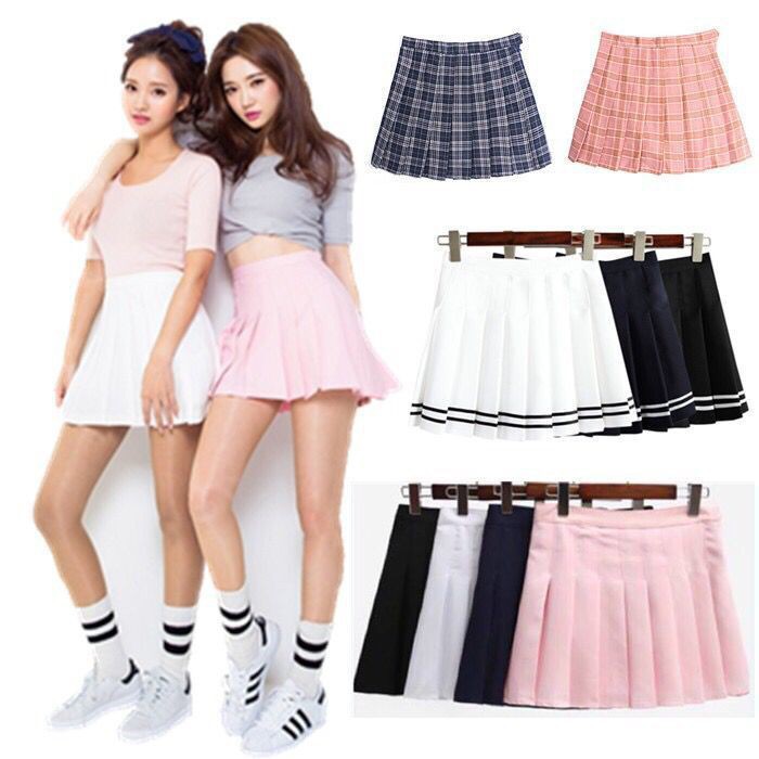 Women Pleated Skirt Lady High Waist Plain Skater Flared Pleated Short