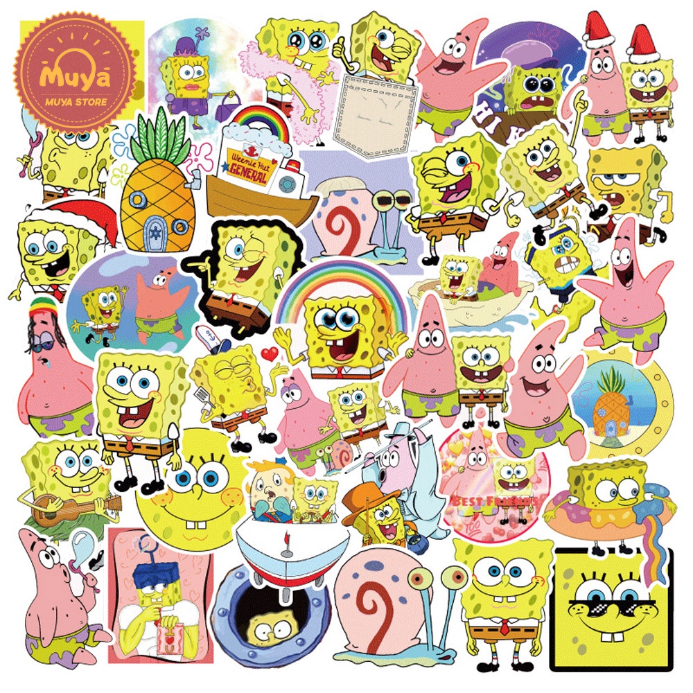 MUYA 50pcs SpongeBob SquarePants Stickers Waterproof Cartoon Vinyl