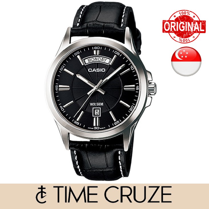 Time Cruze Casio Mtp Quartz Analog Black Leather Black Dial Men