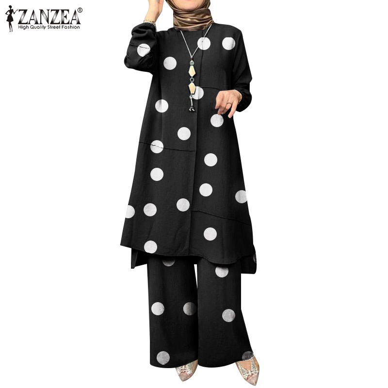 Zanzea Women Commuting Puff Sleeves Polka Dot Irregular Blouse Casual