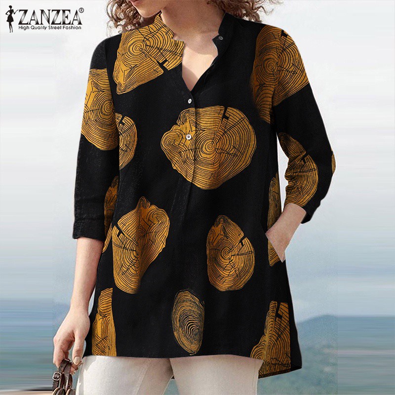 ZANZEA Women Cotton Full Sleeve Color Printed V Neck Blouse Shopee