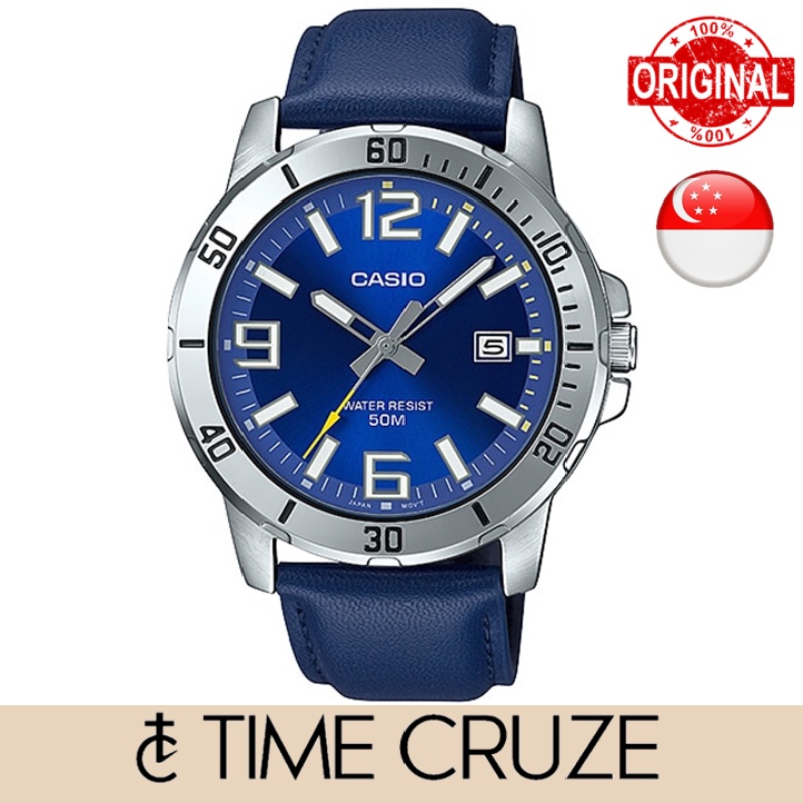 Time Cruze Casio MTP VD01L Analog Quartz Blue Leather Blue Dial Men