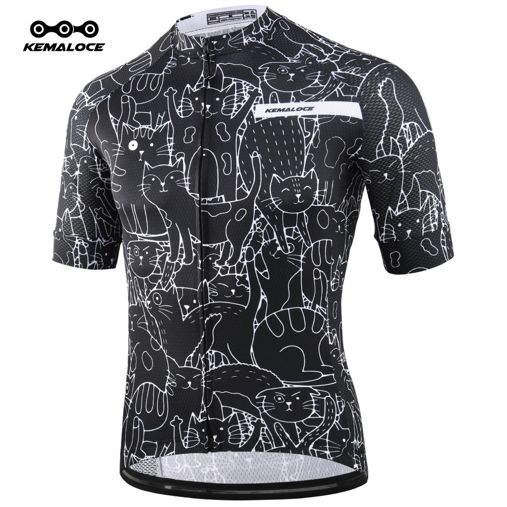 Kemaloce Unisex Cycling Jersey Black Cartoon Cat Bike Jersey Coolmax