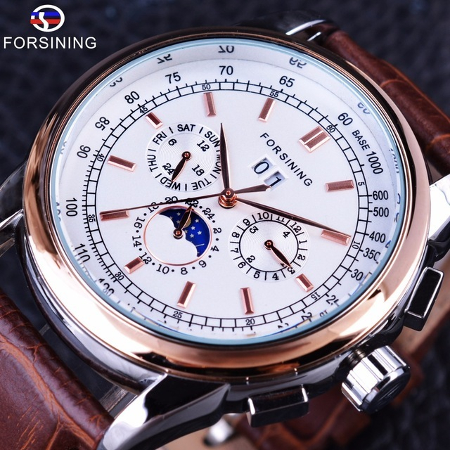 FORSINING Moon Phase Shanghai Movement Rose Gold Case Brown Leather