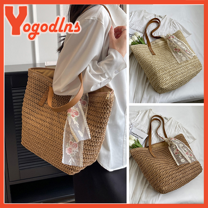 Yogodlns Square Bucket Straw Beach Handmade Woven Shoulder Bag Raffia