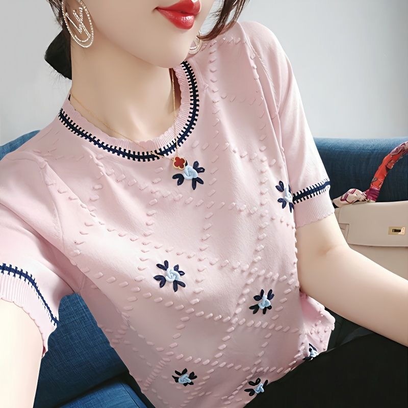 Short Sleeved T Shirt Women S Round Neck Embroidered Thin Ice Silk Knit