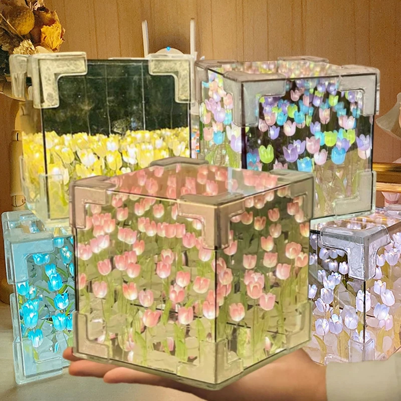 Diy Tulip Mirror Cube Lamp Simulation Flower Bedroom Sleeping Table