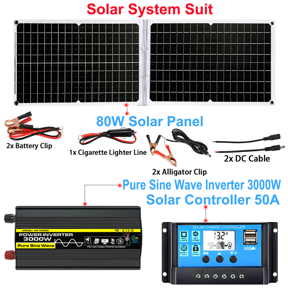 HAOSONG Solar System Set 80W Solar Panel 3000W Pure Sine Wave Power