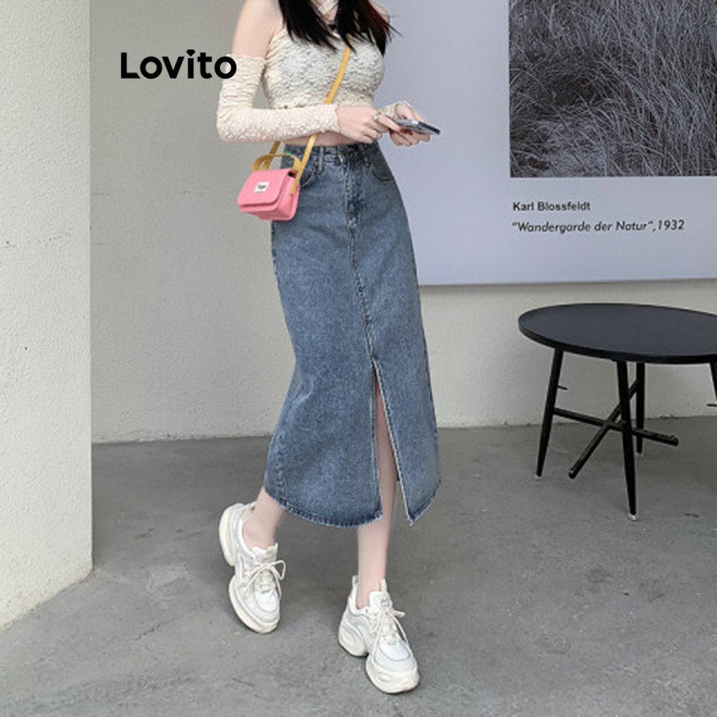 Lovito Casual Plain Split Denim Skirts For Women Lne Blue