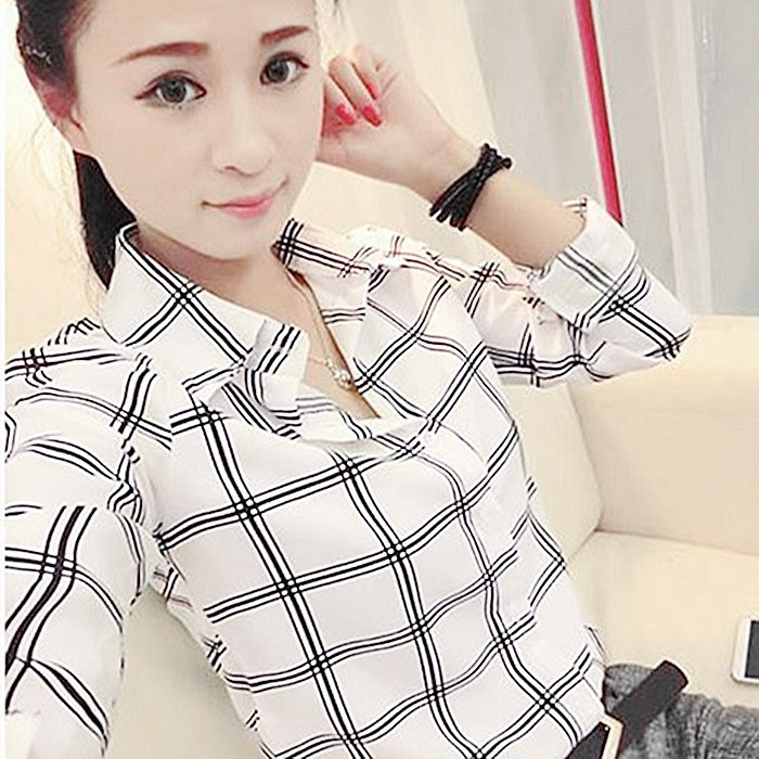 Ready StockFashion Plaids Pattern Lapel Casual Long Sleeve Blouse