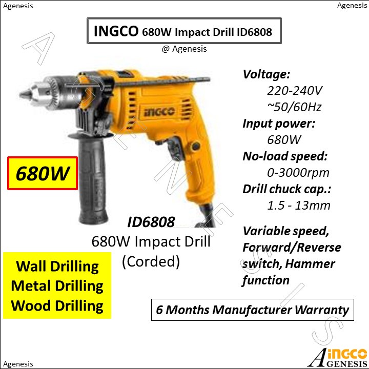 INGCO 680W Impact Drill ID6808 Shopee Singapore