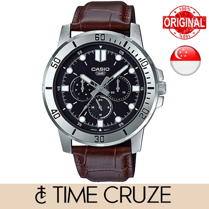 Time Cruze Casio Mtp Vd Analog Brown Leather Black Dial Men Watch