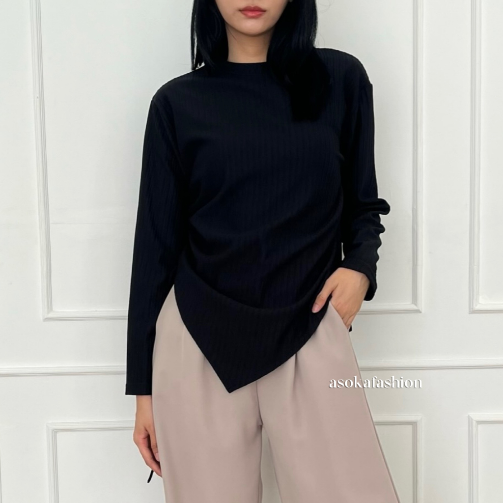 Asoka Zize Top 818 Knit Longsleeve Side Scrunched Top Women