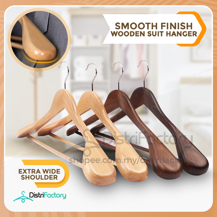 Wide Shoulder Wooden Hangers Suit Hangers With Non Slip Pants Bar