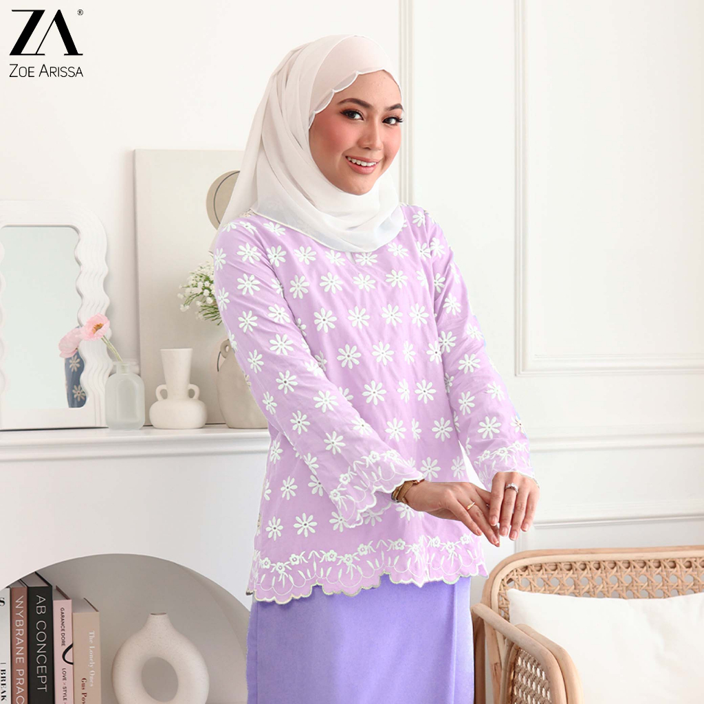 Baju Kurung Sulam Lace Baju Raya Pastel Moden Baru Plain Zoe