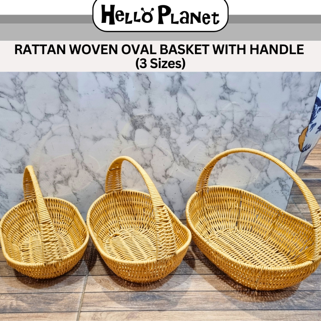 Plastic Rattan Woven Oval Fruit Basket w Handle 3 Sizes 藤纸绳手提礼篮托盘