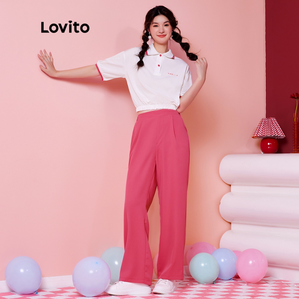 Lovito Exclusive Dopamine Girls Preppy Letter Contrast Binding Polo