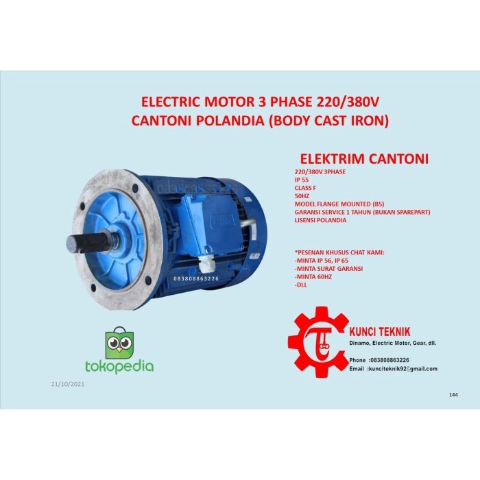 Elektrim CANTONI Poland 0 5HP 0 37kw 3PHASE 4POLE B5 Induction MOTOR