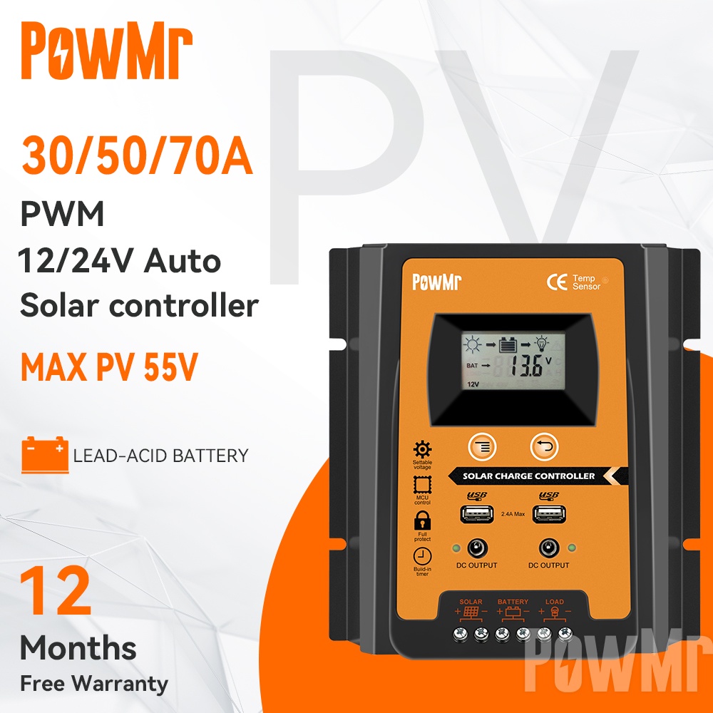 PowMr PWM 30A 50A 70A Solar Charge Controller 12V 24V Dual USB Solar