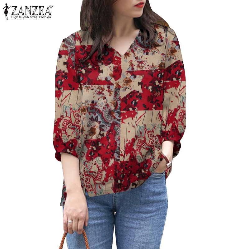 Zanzea Women Daily V Neck Floral Printed Sleeves Asymmetrical Hem