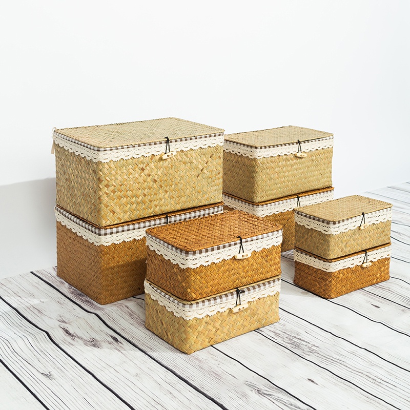 Seaweed Woven Storage Box Checkered Cloth Mat Handmade Basket Seaweed