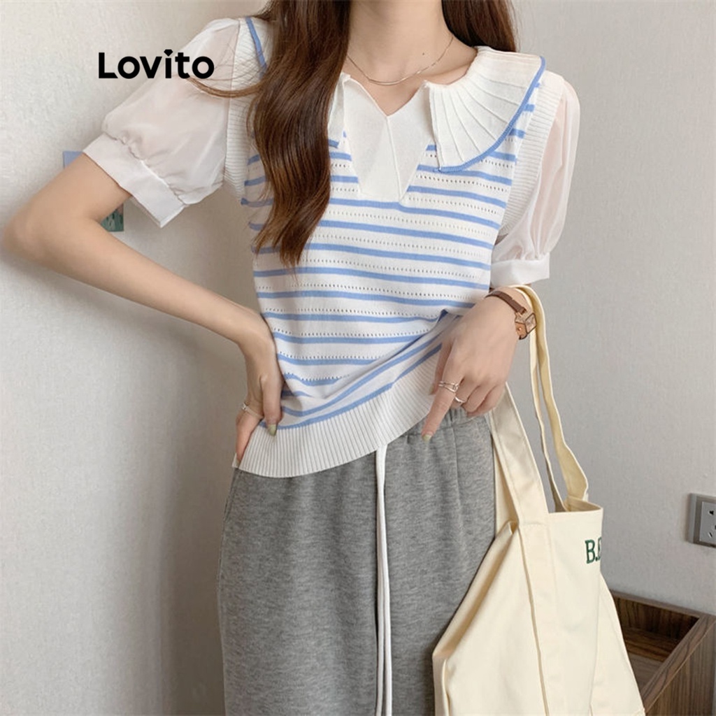 Lovito Casual Striped Colorblock Short Sleeves Fake Two Knit Top For