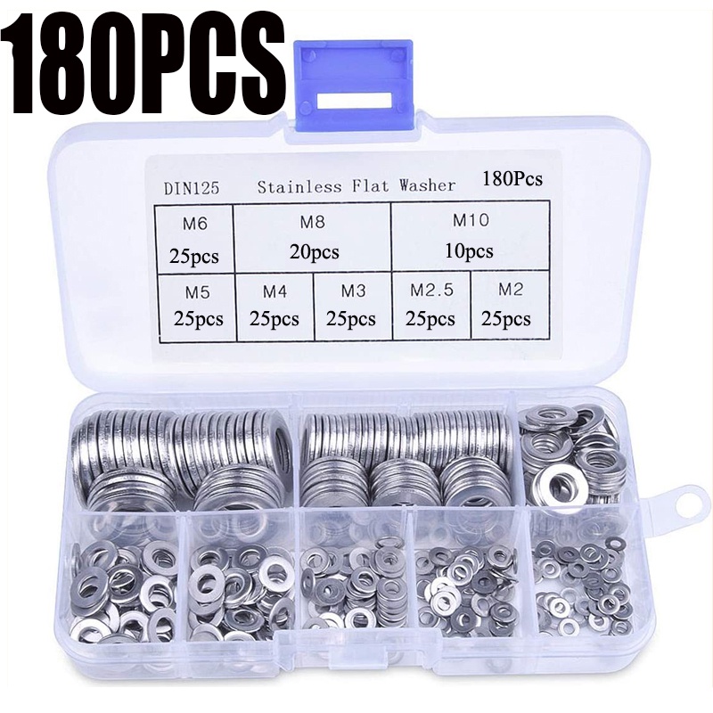 180pcs M2 M2 5 M3 M4 M5 M6 M8 M10 Stainless Steel Flat Washer Plain