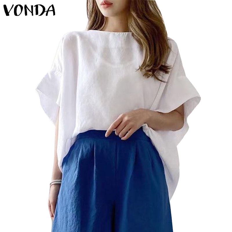 VONDA Women Korean Casual Round Neck Solid Short Sleeve Blouse Shopee