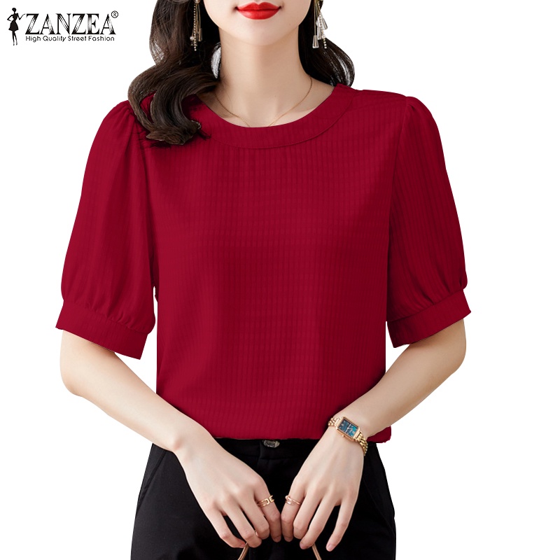 ZANZEA Women Korean Daily Short Sleeves Puff Sleeves Round Neck Loose