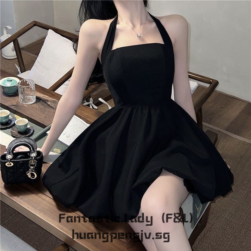 F L Korean Women Clothes Sexy Black Neck Halter Waist A Line Dresses