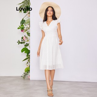 Lovito Casual Plain Eyelet Embroidery Smocked Ruffle Hem Button Dress