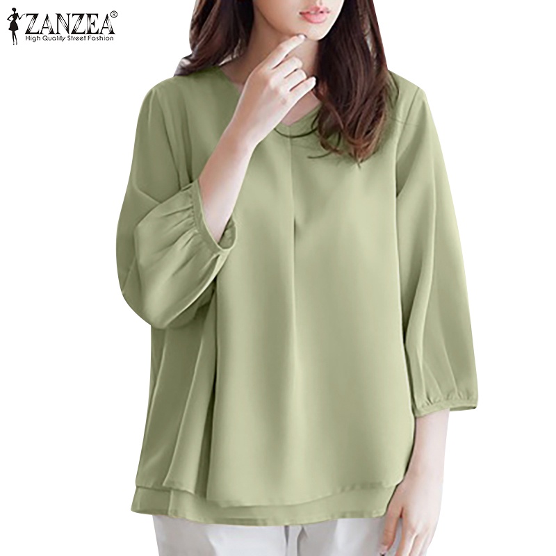 Zanzea Women Korean Center Front Pleat V Neck Double Layered Blouses