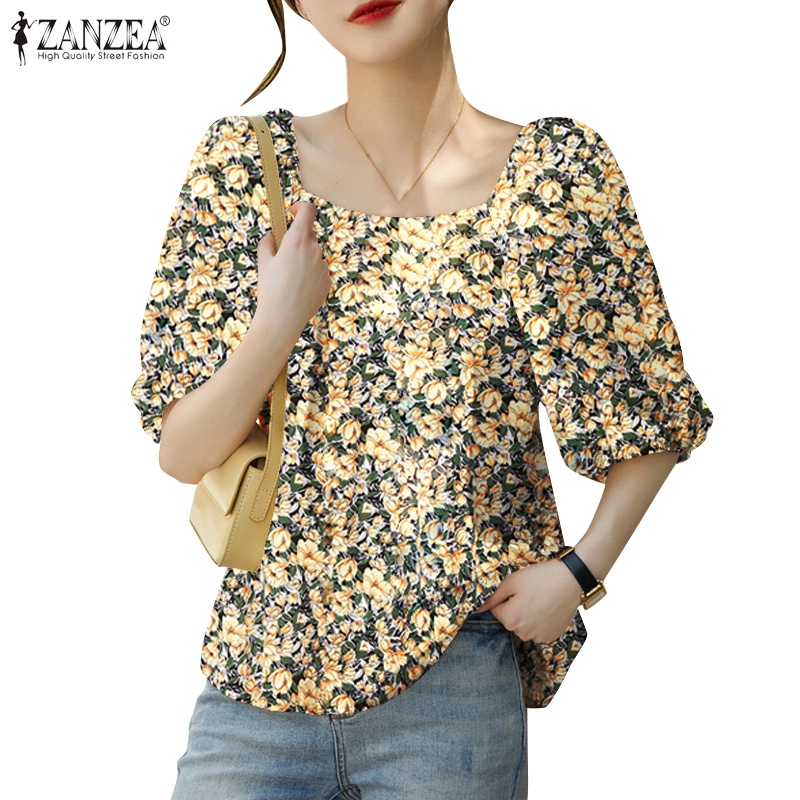 ZANZEA Women Summer Korean Casual Puff Sleeve Square Neck Printing