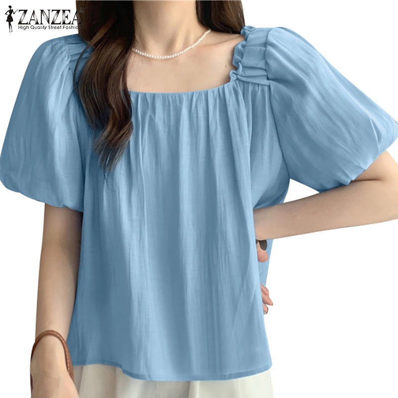 Zanzea Women Korean Puff Sleeves Short Sleeve Square Neck Casual Net