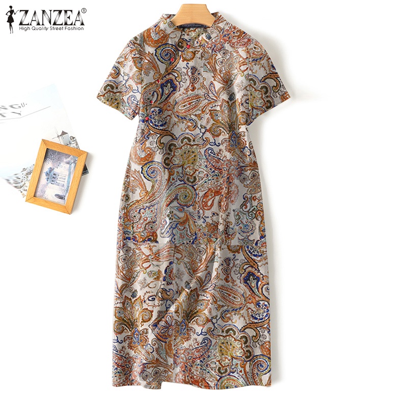 ZANZEA Women Vintage Stand Collar Short Sleeve Printed Cheongsam