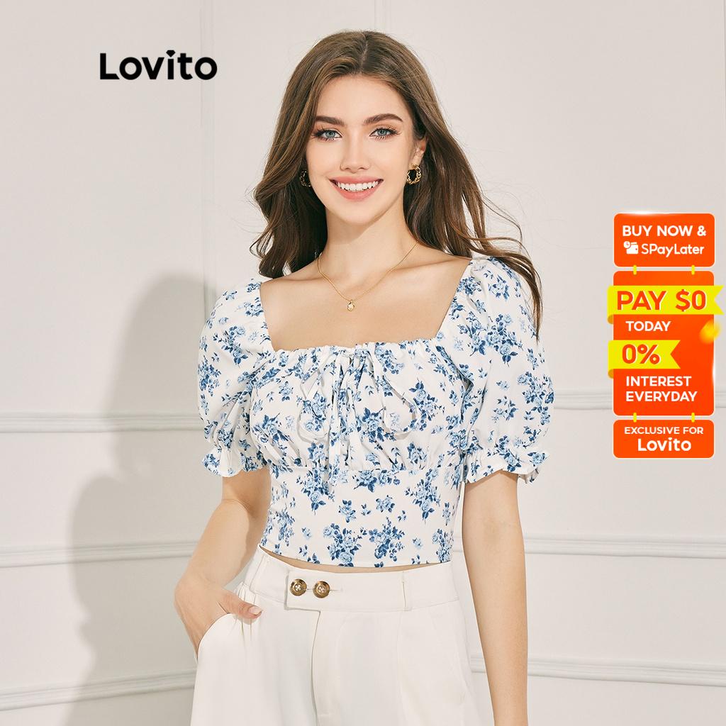 Lovito Boho Floral Square Neck Puff Sleeve Tie Front Ruched Bust Women