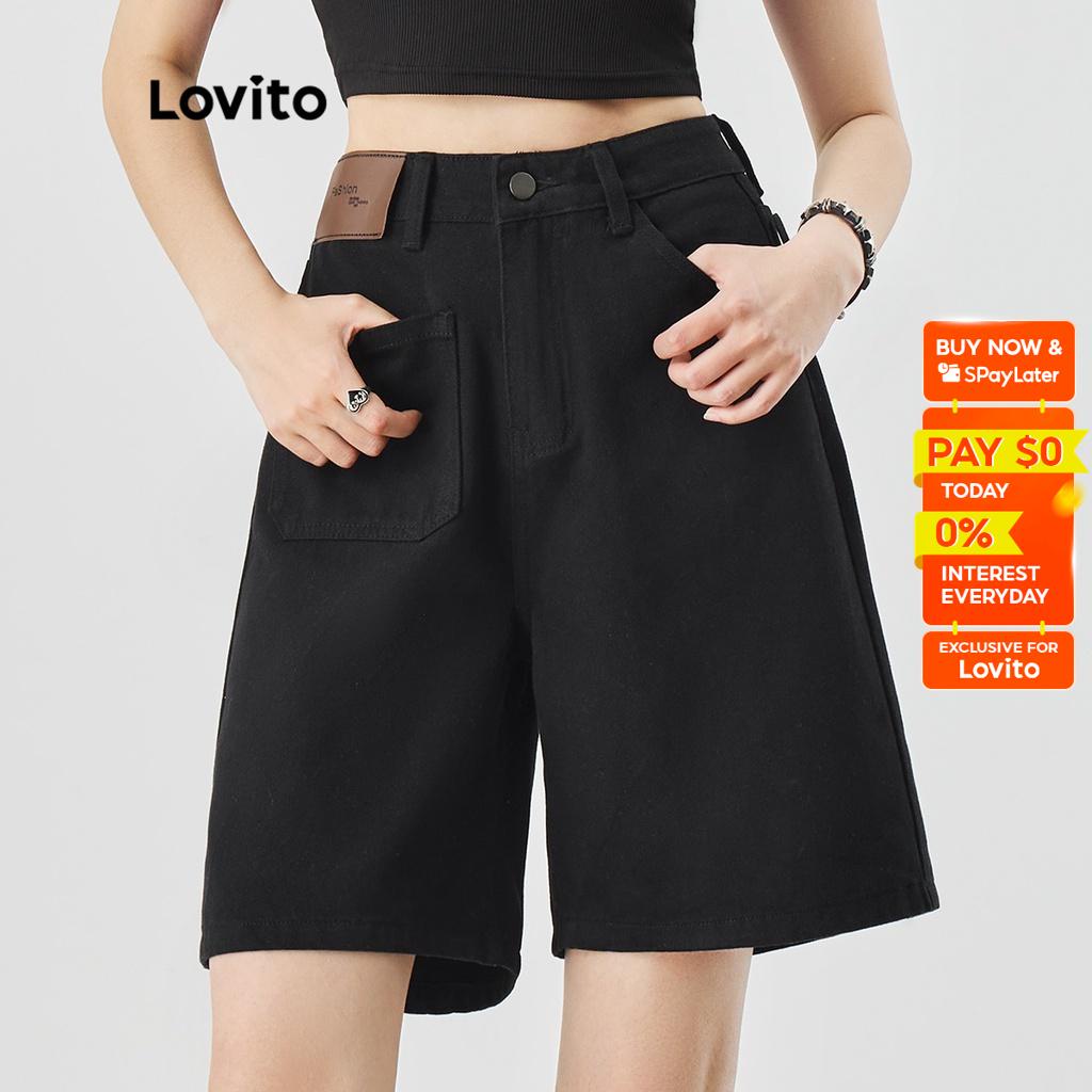 Lovito Casual Plain Pocket Bermuda Shorts Basic Front Zip Denim Shorts