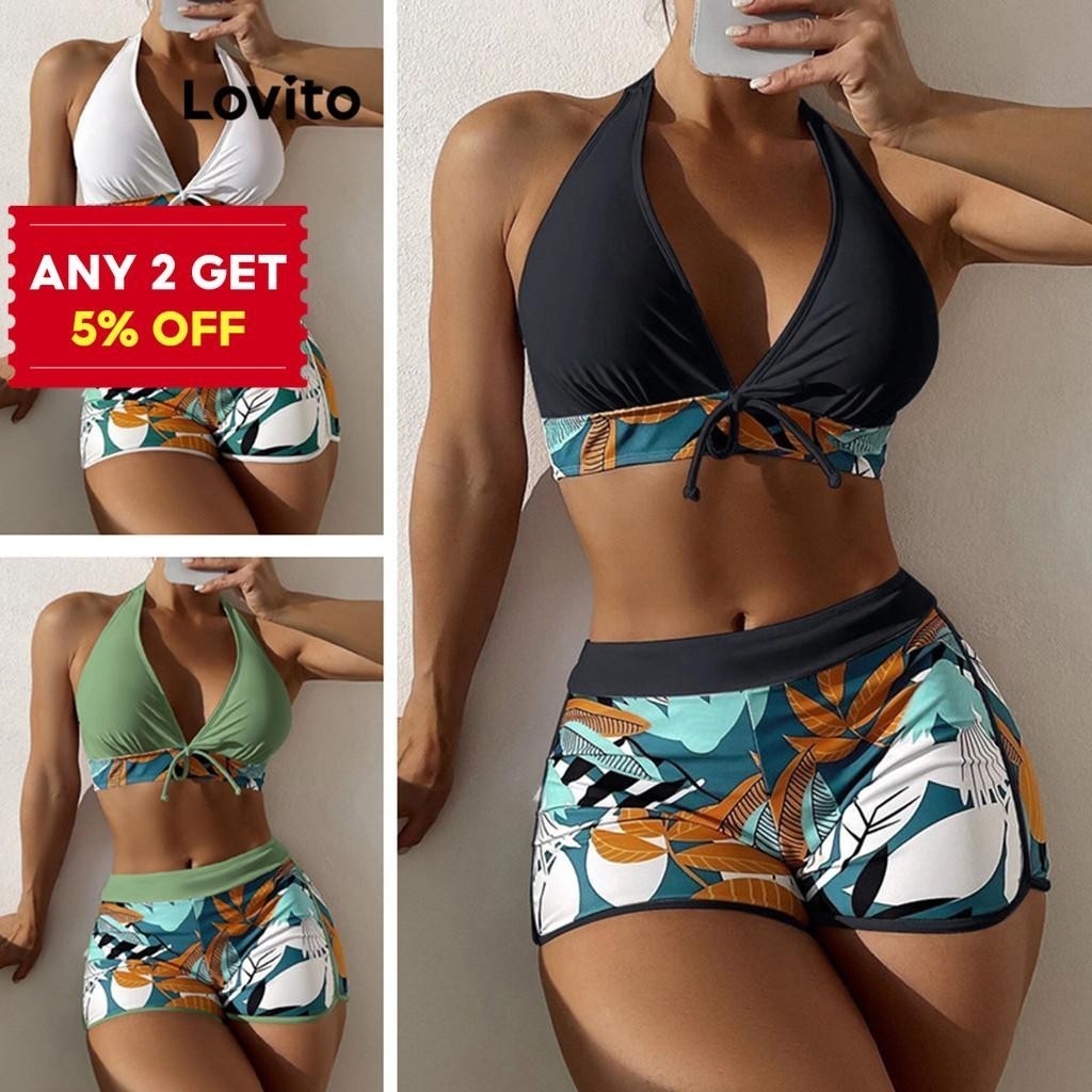 Lovito Sexy Bikini Sets Plants Bow Summer Bikini Sets For Women