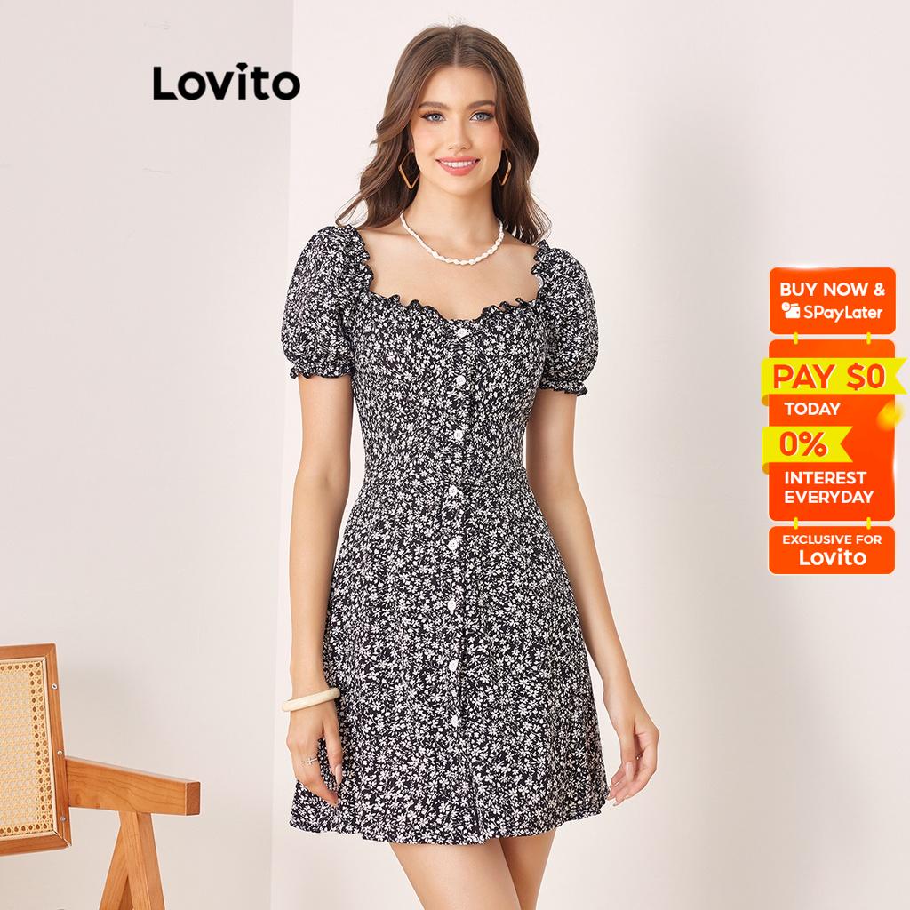 Lovito Boho Ditsy Floral Button Front Ruched Dress For Women L Ed