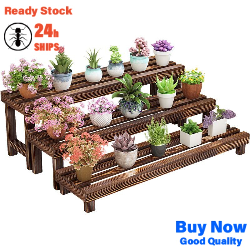 In Stock Solid Wood Flower Rack Carbonized Ladder Multi Layer Balcony